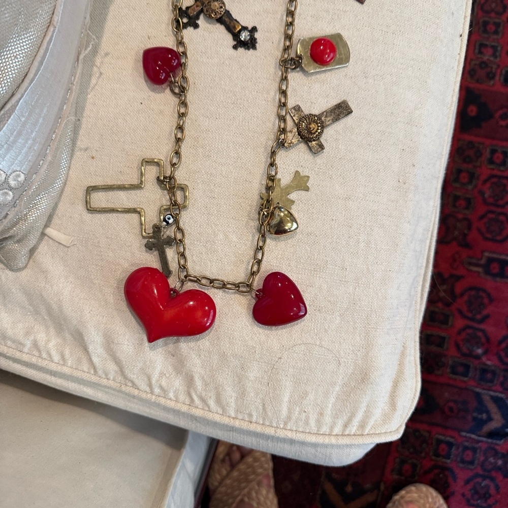 Vintage Gold Charm Necklace with Cross and Heart Accents
